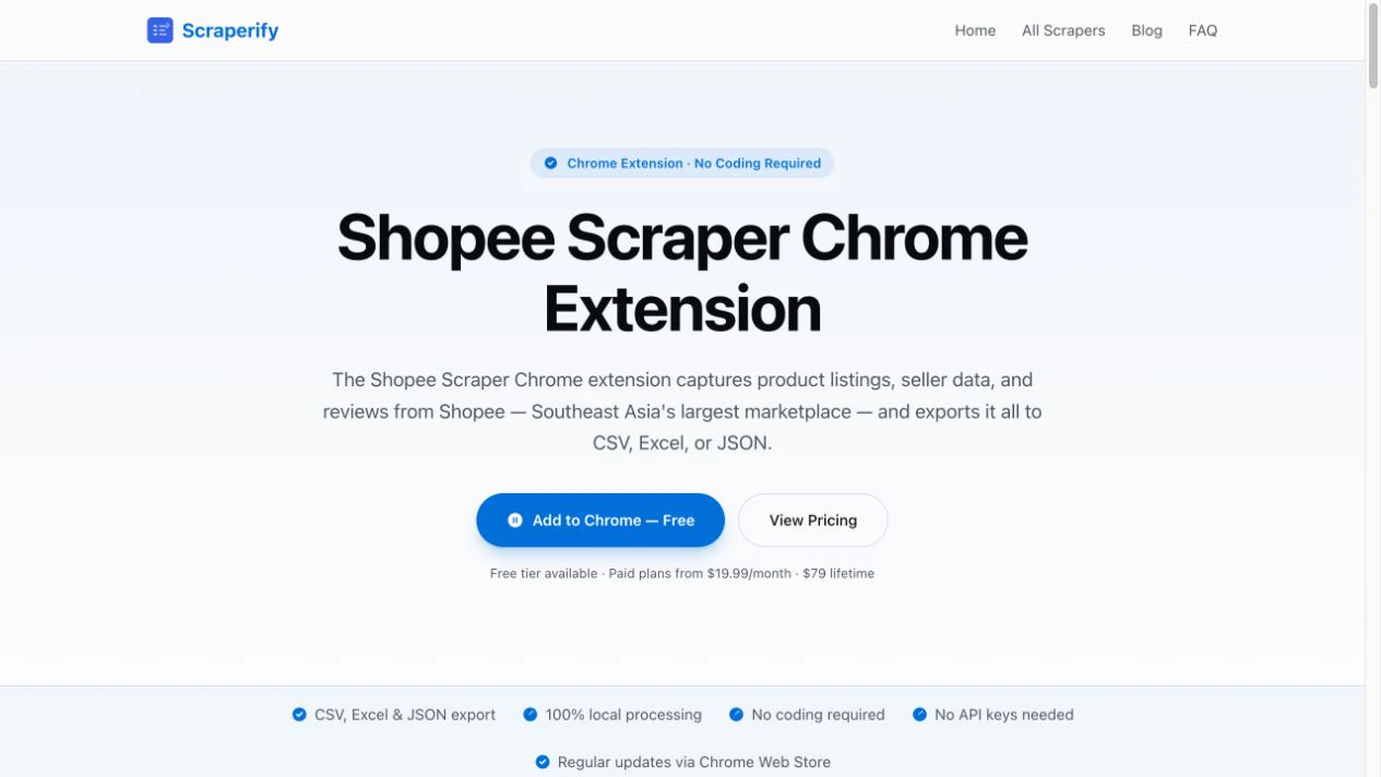 Scraperify Shopee Scraper Chrome extension page on the official product website