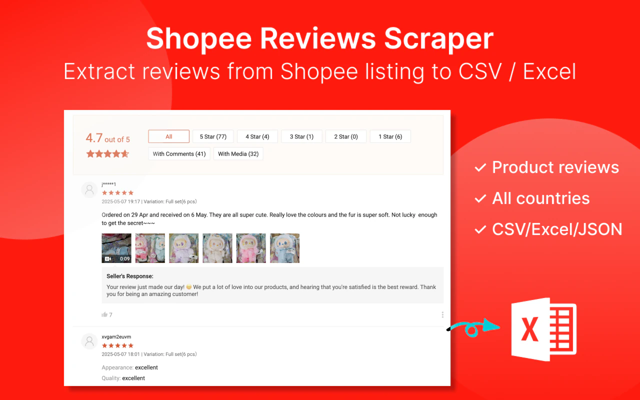 Shopee Reviews Scraper interface in an official Chrome Web Store screenshot
