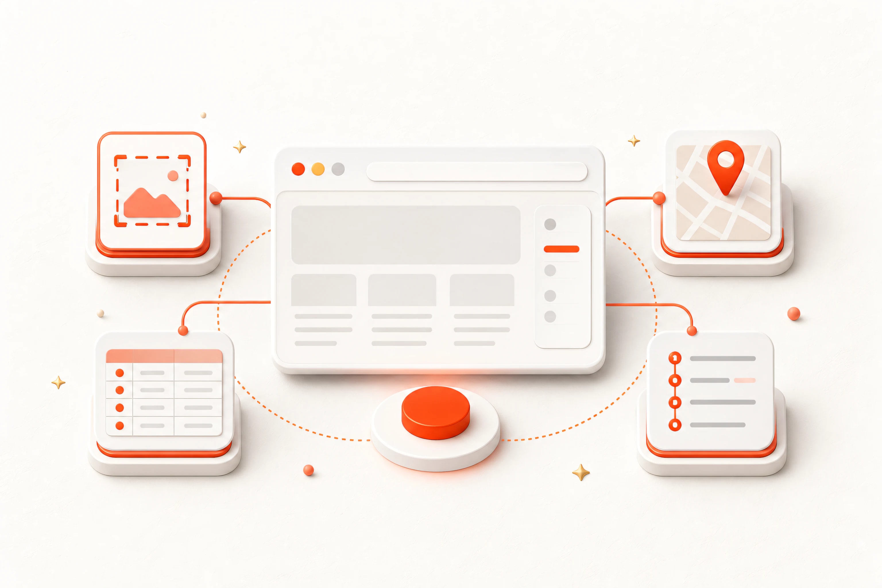 Browser workflow connected to screenshot, spreadsheet, map lead, and SOP tools
