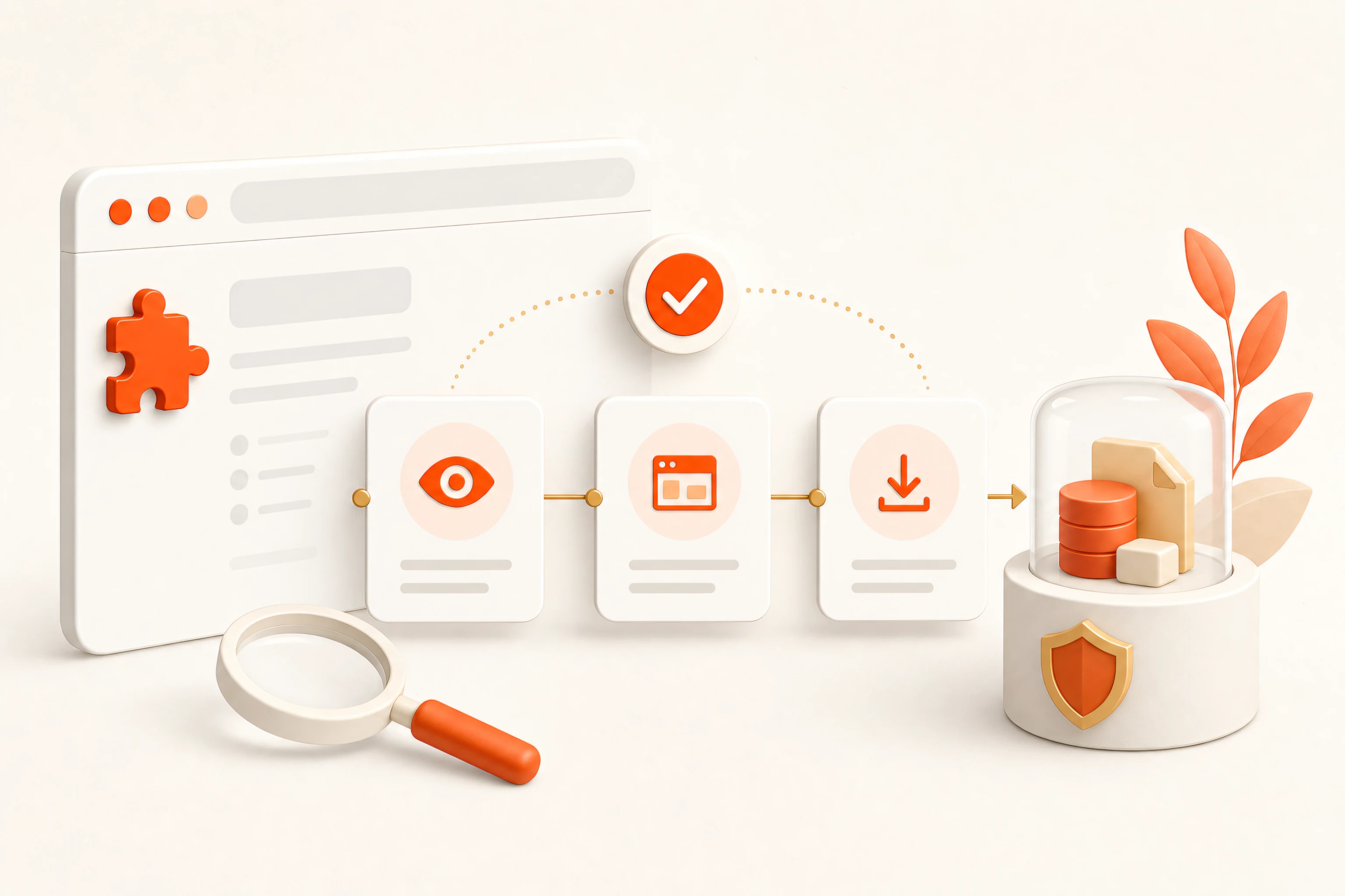 Chrome extension permission review flowing through verification steps into protected local data