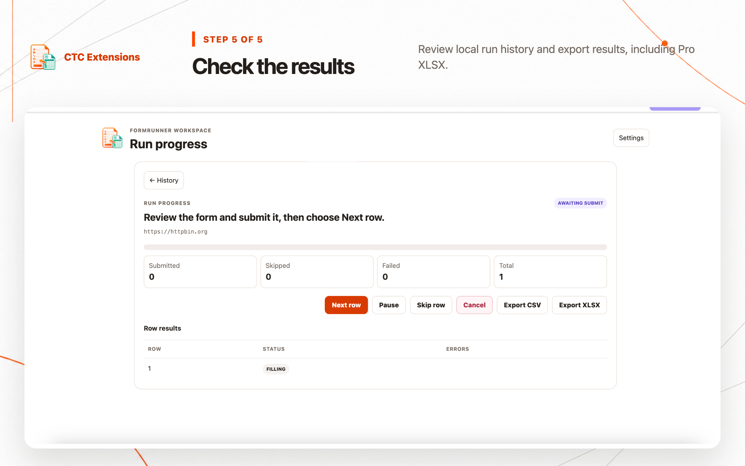 FormRunner workspace showing completed row results ready for local export