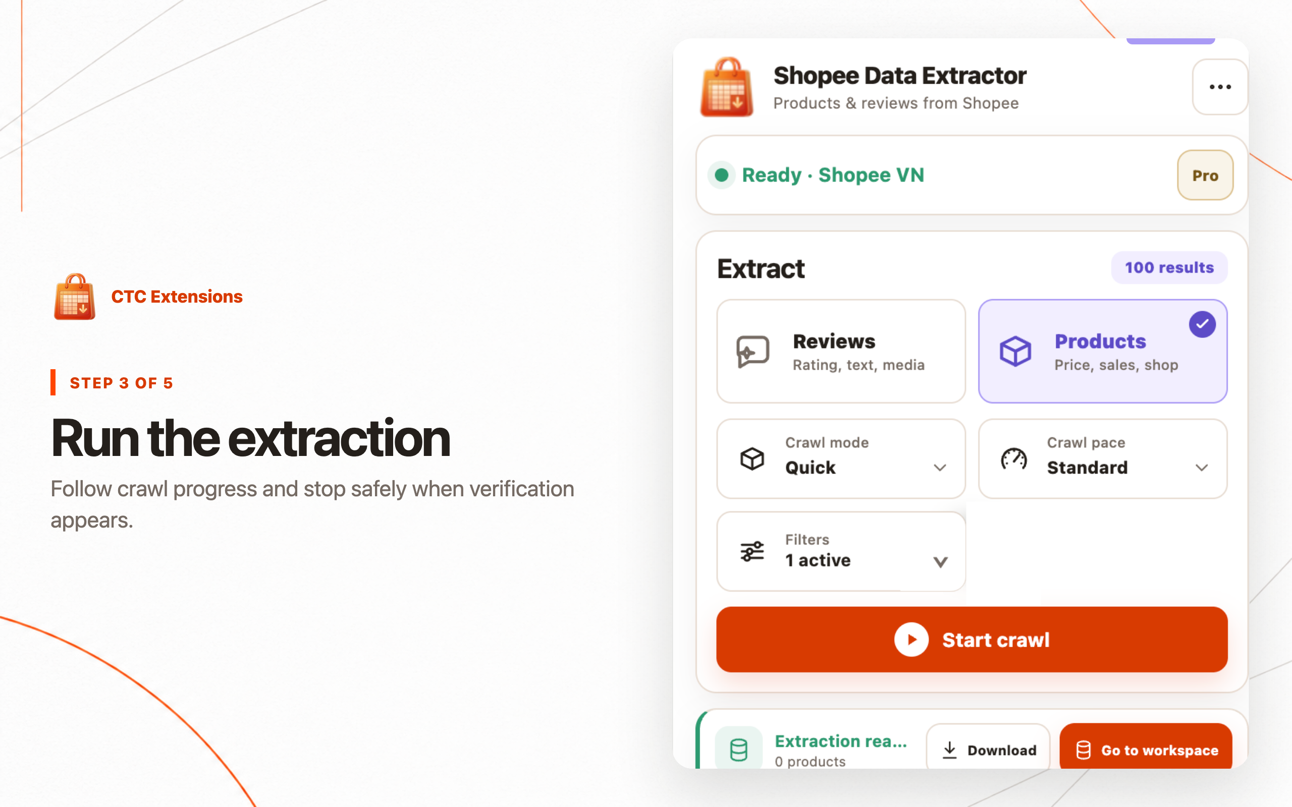 CTC Shopee Data Extractor running a product research crawl in the official product guide