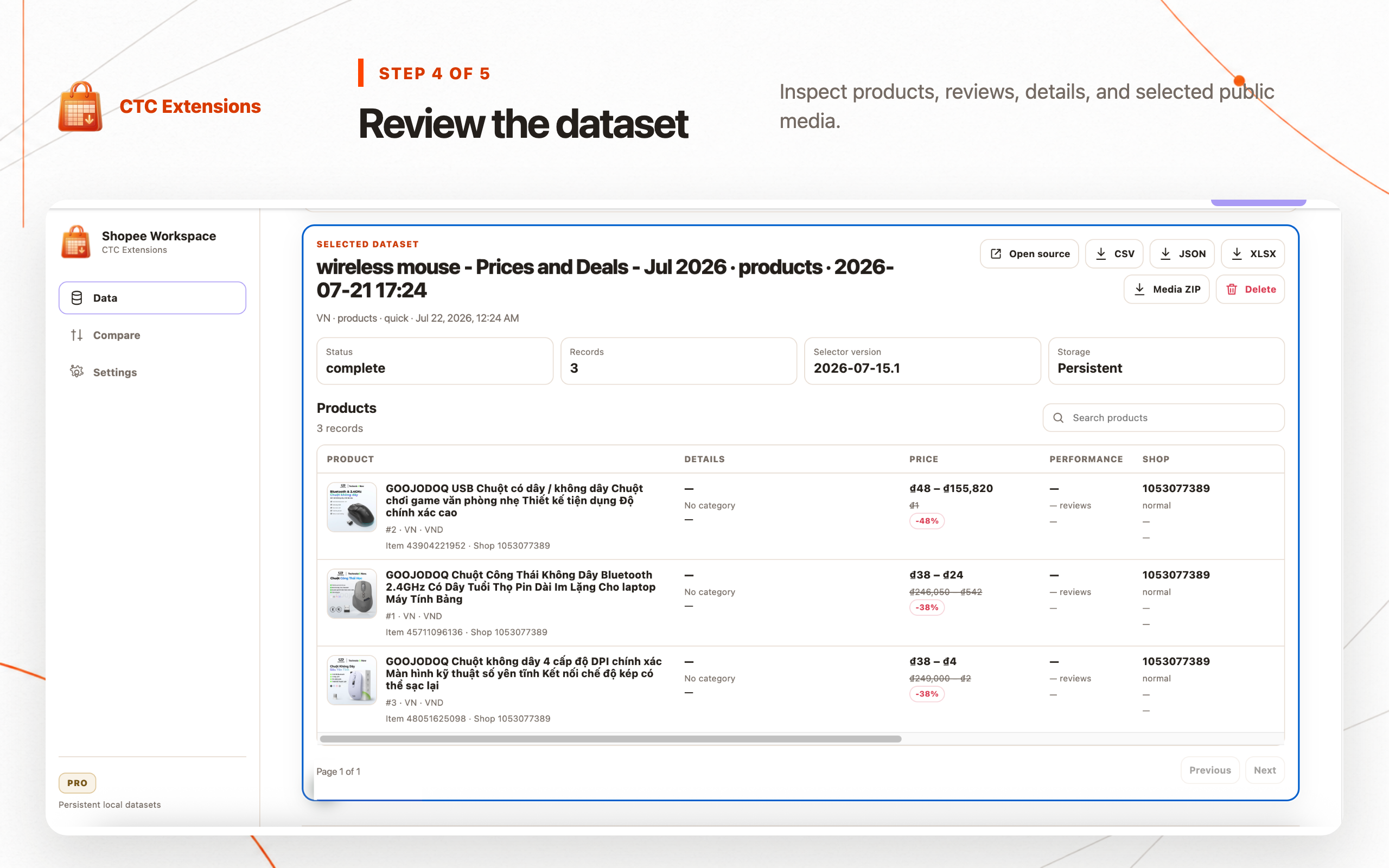 CTC Shopee Data Extractor local workspace reviewing product and review datasets