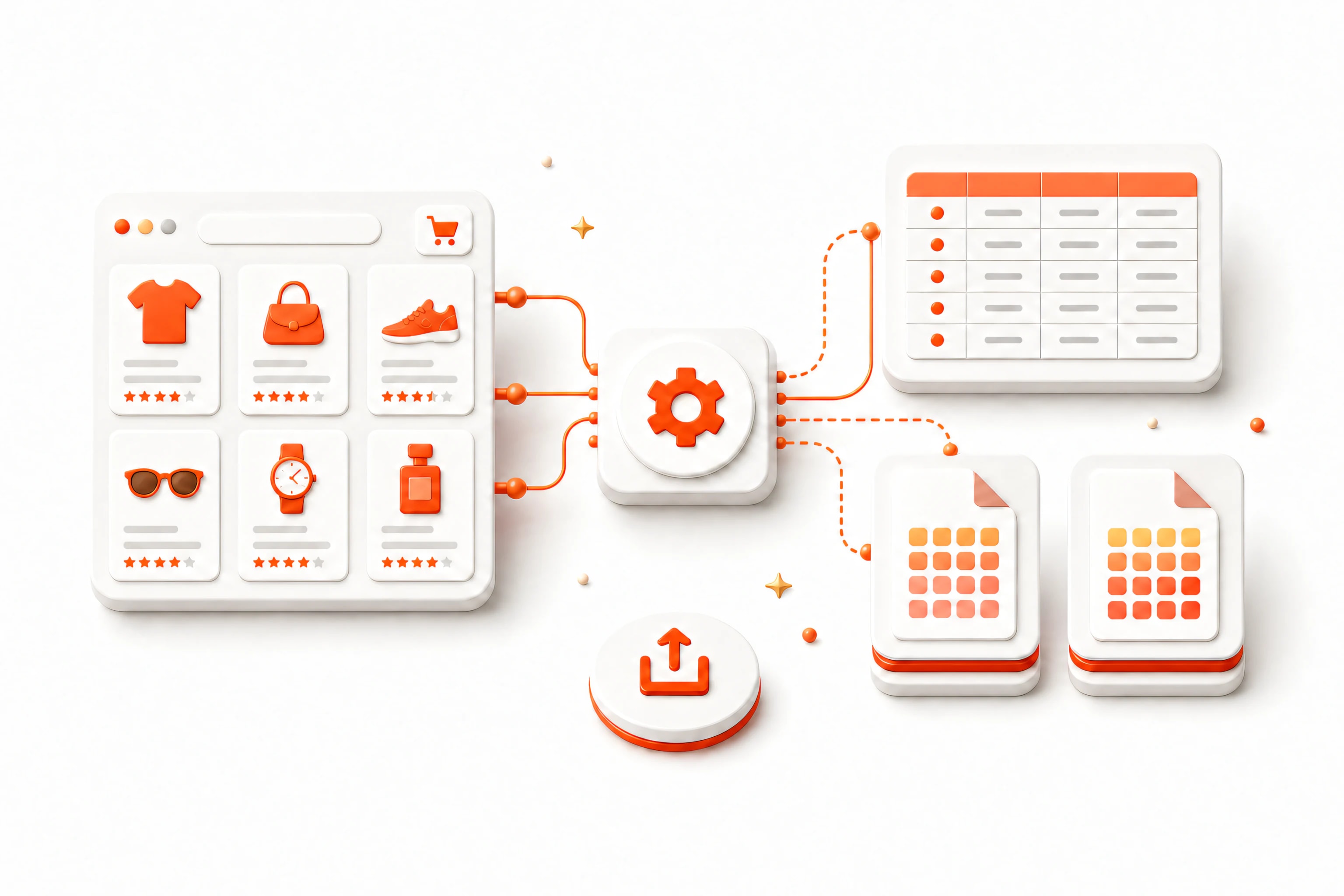 Marketplace product cards transformed into a structured spreadsheet and portable data files
