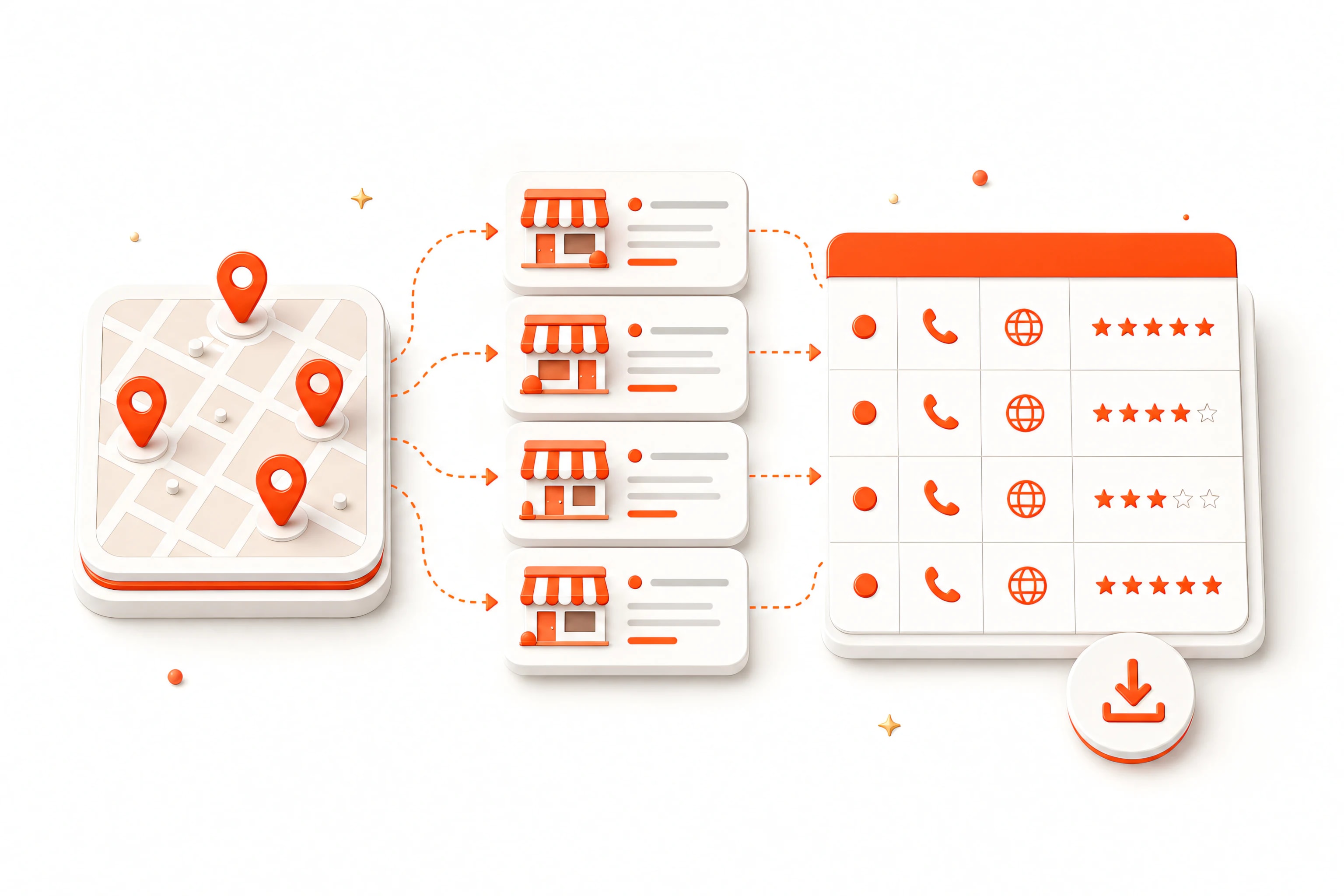 Map pins and local business listings collected into a structured lead table