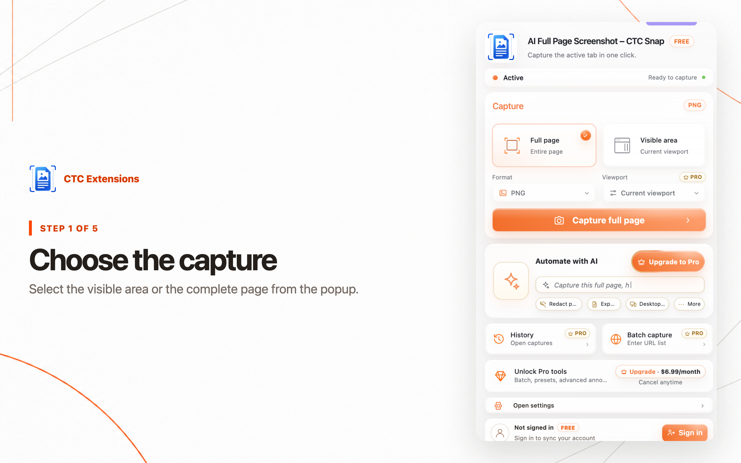 AI Full Page Screenshot – CTC Snap: step 1, Choose the capture