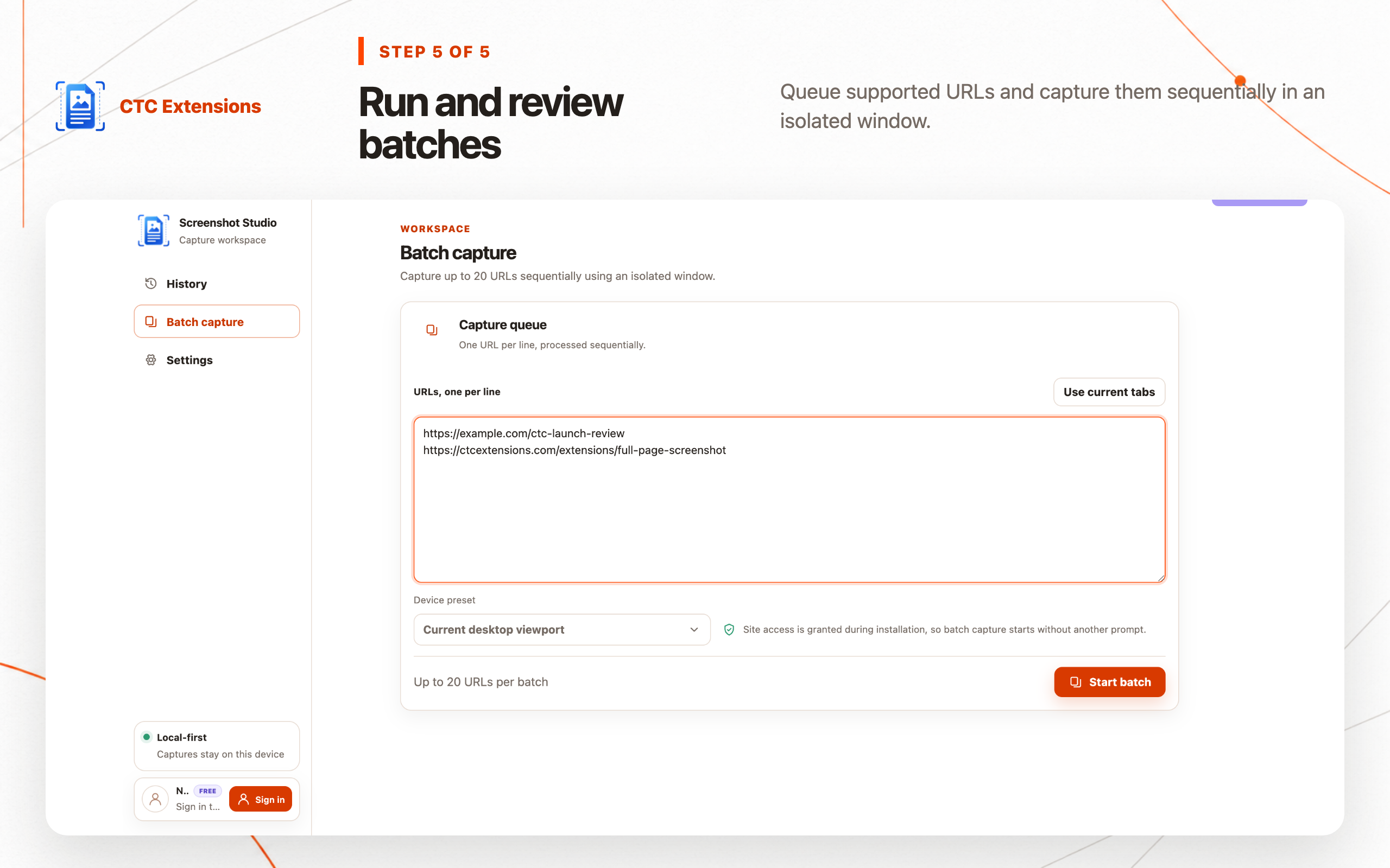 AI Full Page Screenshot – CTC Snap: step 5, Run and review batches