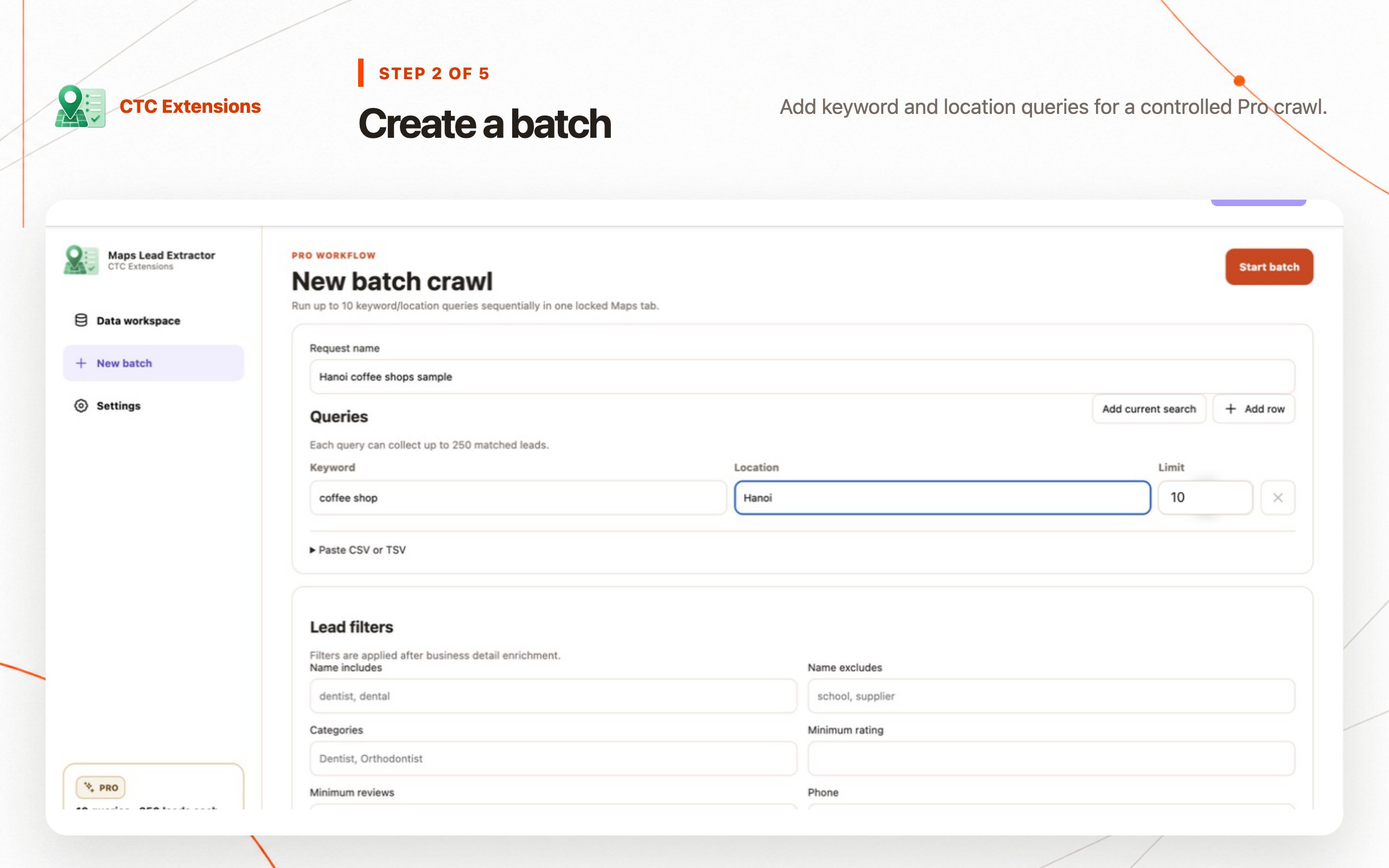 AI Maps Lead Extractor – CTC Leads: step 2, Create a batch