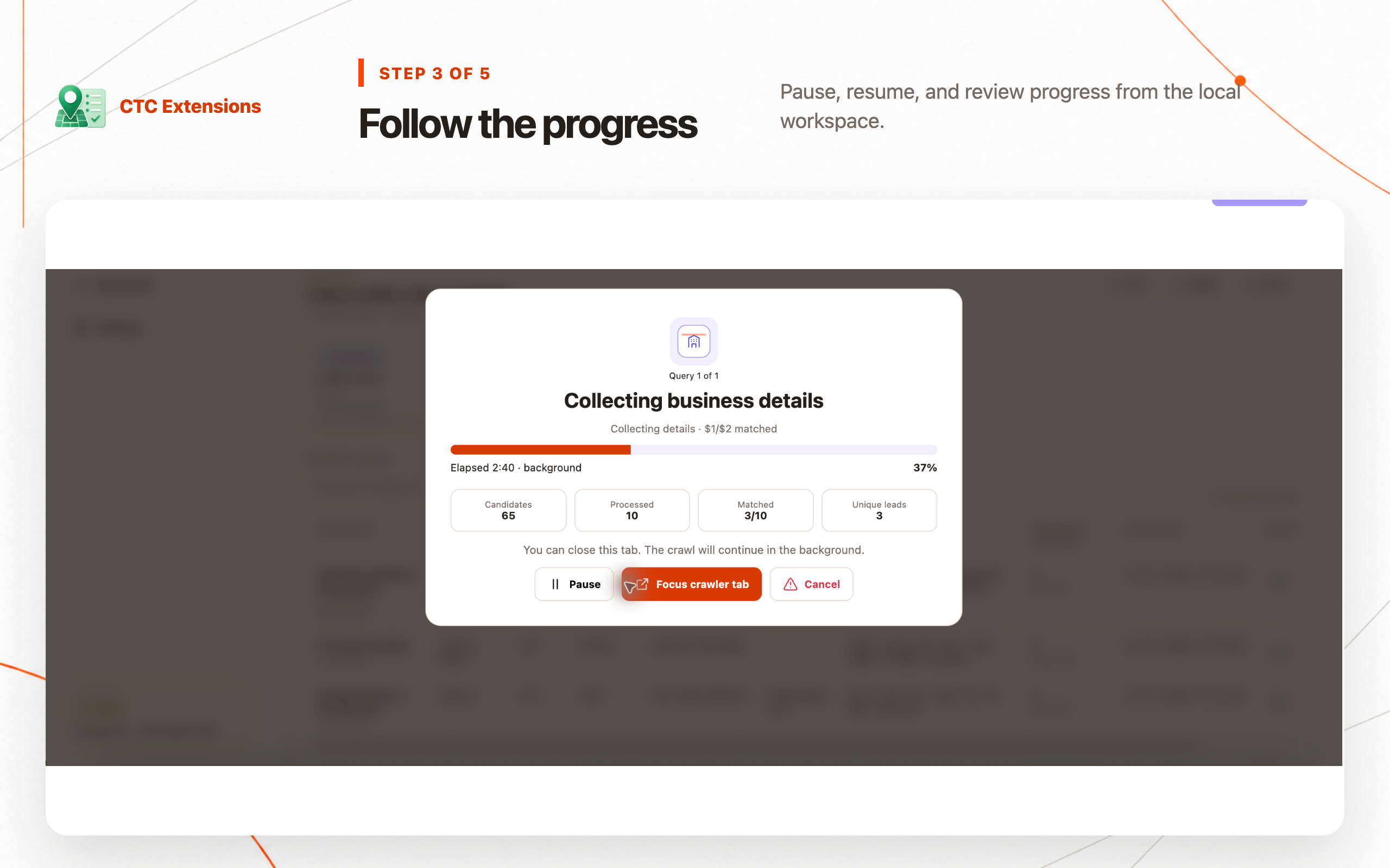 AI Maps Lead Extractor – CTC Leads: step 3, Follow the progress
